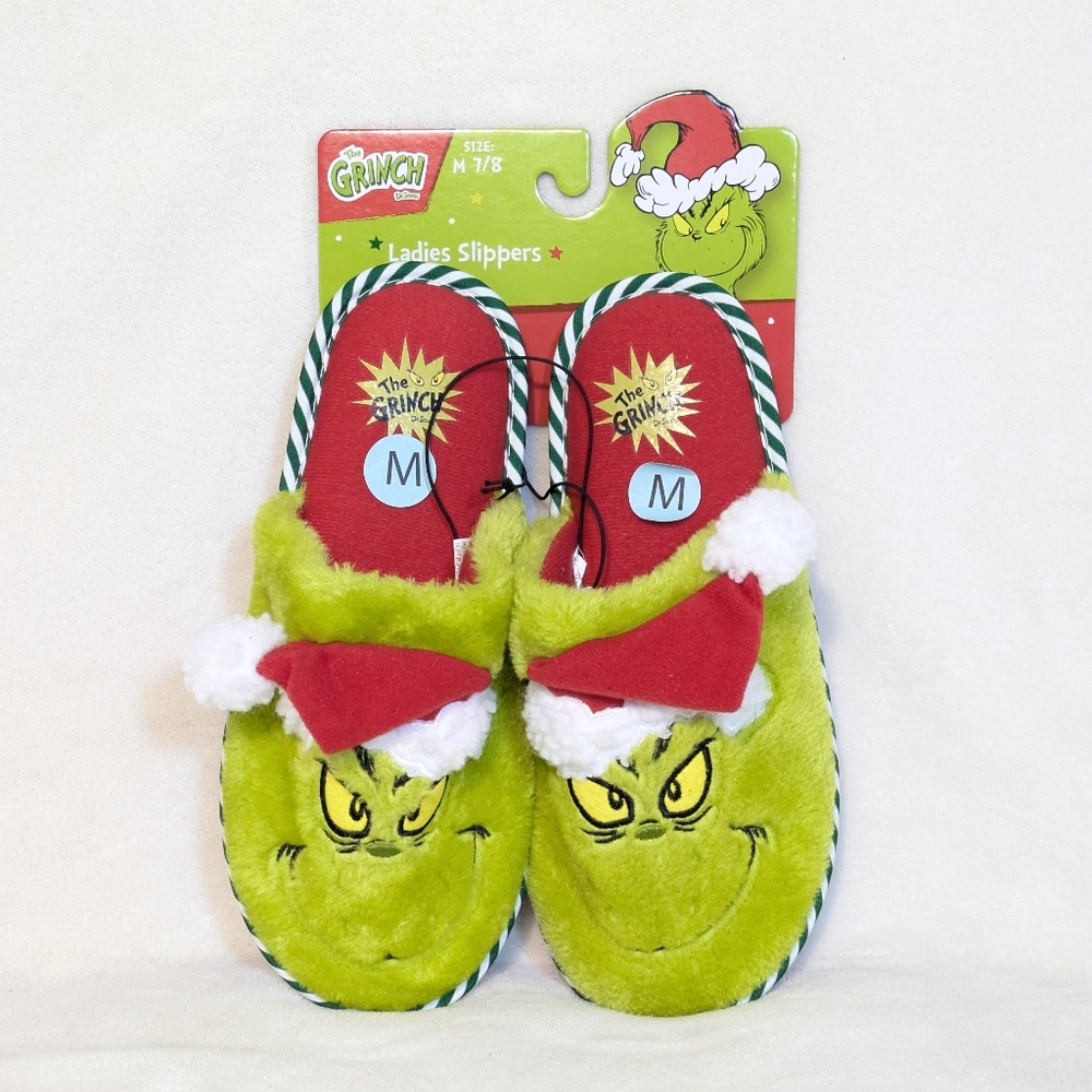 NWOT The Grinch Santa Green Christmas Slippers Dr Seuss Slip On, Med (Size 7-8)